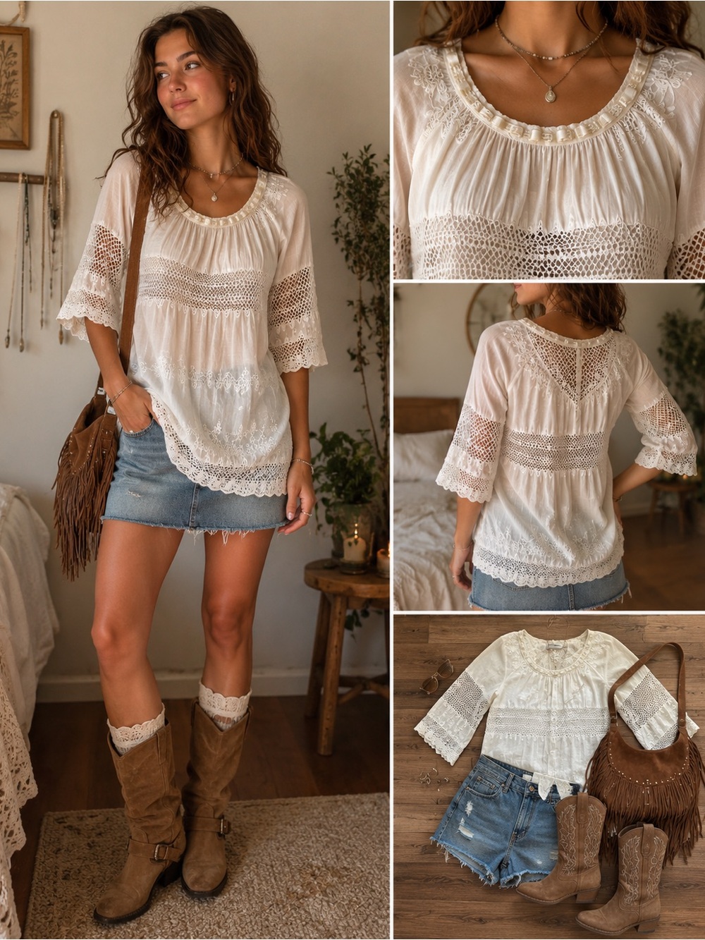 Vintage Loranzo Romanza Silk Blend Embroidered Boho Tunic Blouse Ivory M